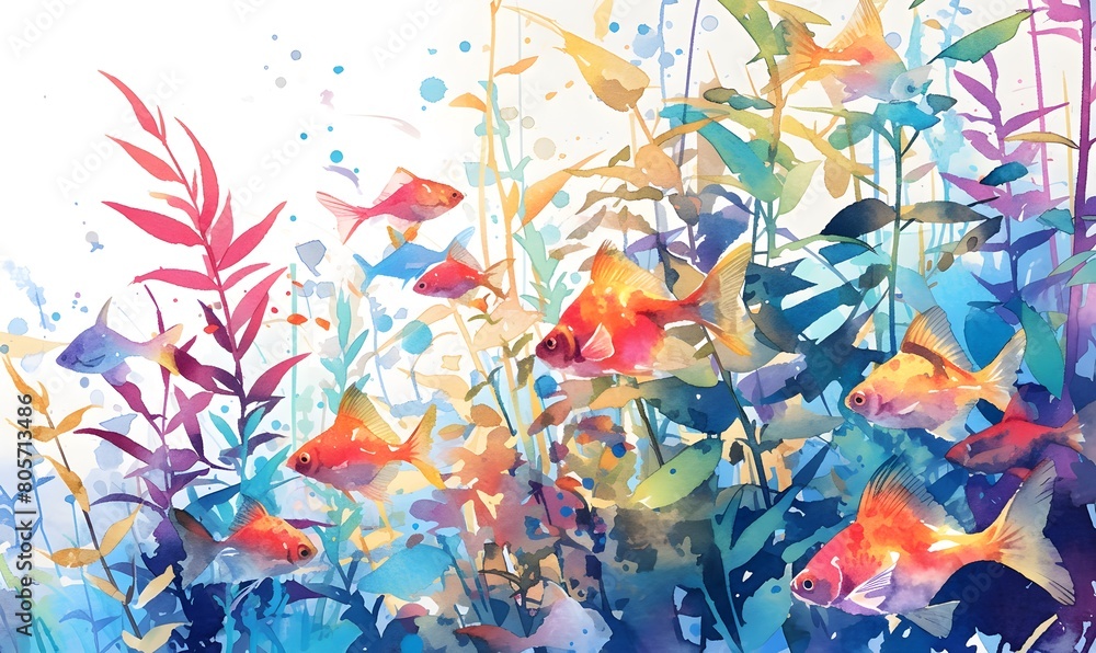 watercolor of a school of bright neon tetra fish darting through water plants, Generative AI