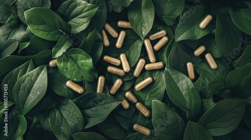 Organic herb supplement capsules rest amidst a lush backdrop of green leaves, embodying nature's healthful bounty, Ai Generated.