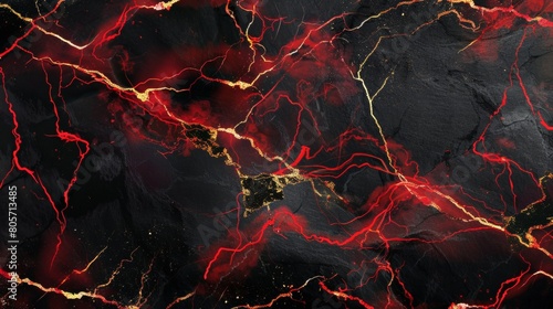 Red and black marble with golden veins, closeup, red lightning effects, high resolution, high detailed digital art in the style of background.