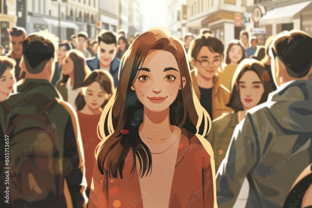 large crowd of people standing in street with focus on smiling woman urban lifestyle illustration large crowd of people standing in street with focus on smiling woman urban lifestyle illustration