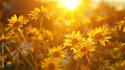 A stunning landscape shot of golden daisies with the setting sun in the background