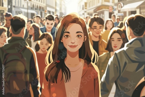 large crowd of people standing in street with focus on smiling woman urban lifestyle illustration