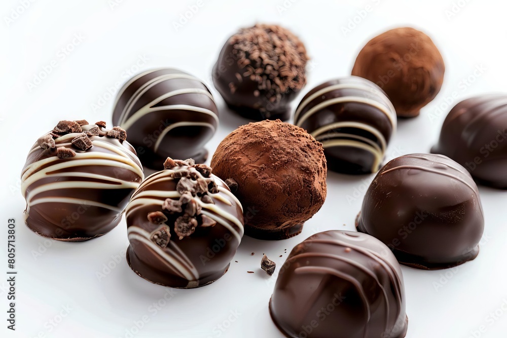 luxurious dark chocolate truffles with glossy finish elegantly arranged on white background food photography luxurious dark chocolate truffles with glossy finish elegantly arranged on white background food photography