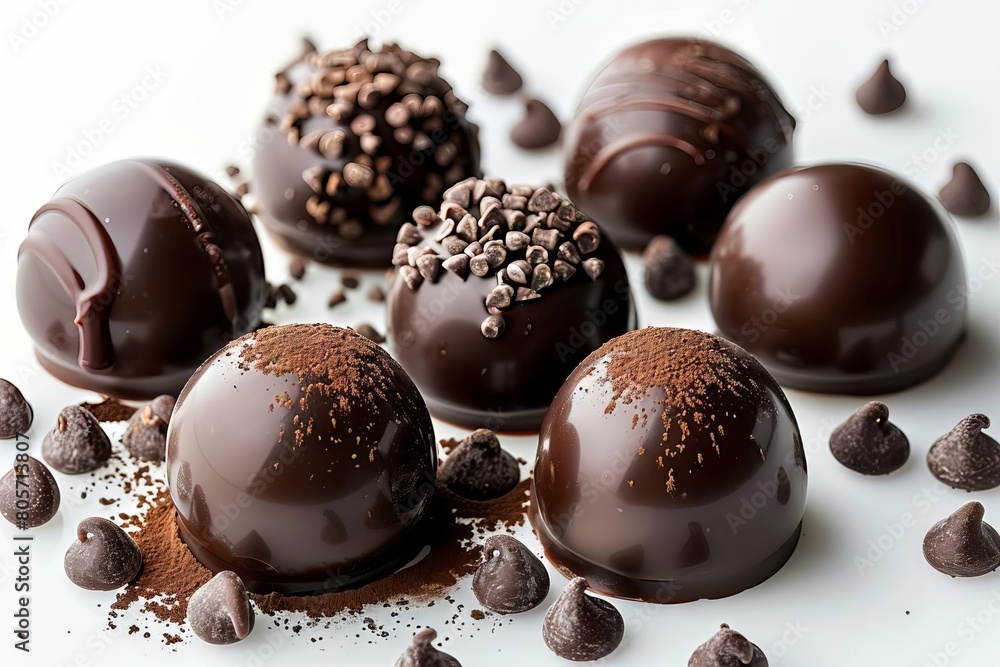 luxurious dark chocolate truffles with glossy finish elegantly arranged on white background food photography luxurious dark chocolate truffles with glossy finish elegantly arranged on white background food photography