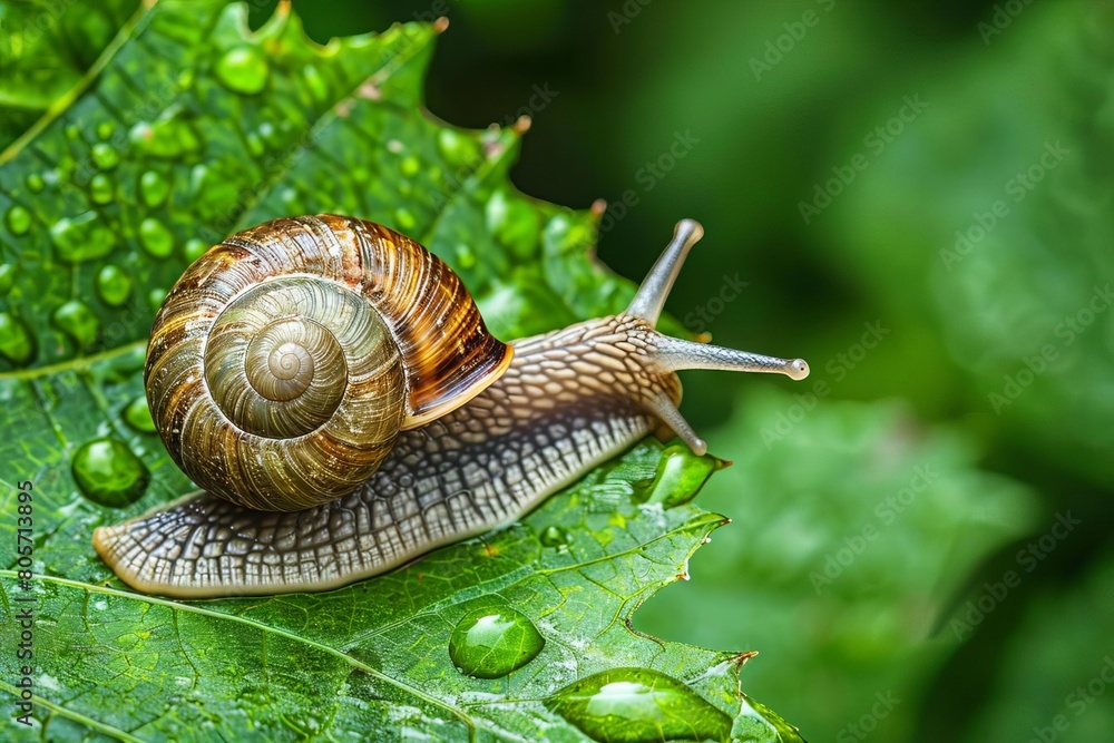 macro closeup of snail on leaf with intricate hole patterns nature photography concept macro closeup of snail on leaf with intricate hole patterns nature photography concept