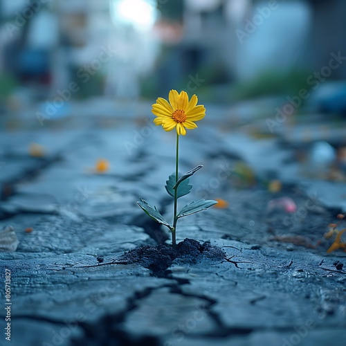 Nature's Resilience, A single flower blooms amidst the cracks of a concrete sidewalk