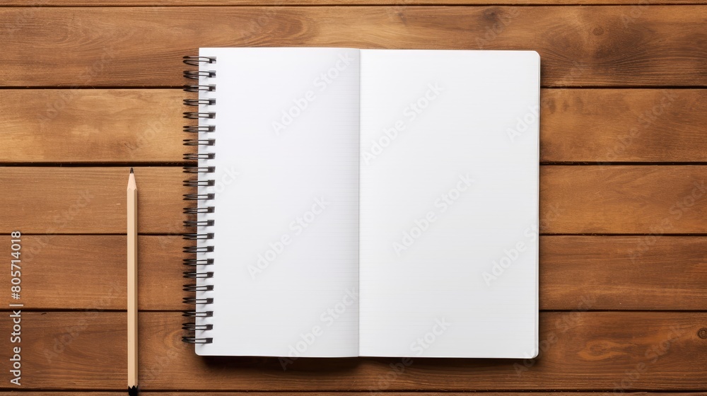 An open blank spiral paper notebook with a wooden pencil on a brown wooden table, an inspiring workspace. Ai Generated. An open blank spiral paper notebook with a wooden pencil on a brown wooden table, an inspiring workspace. Ai Generated.