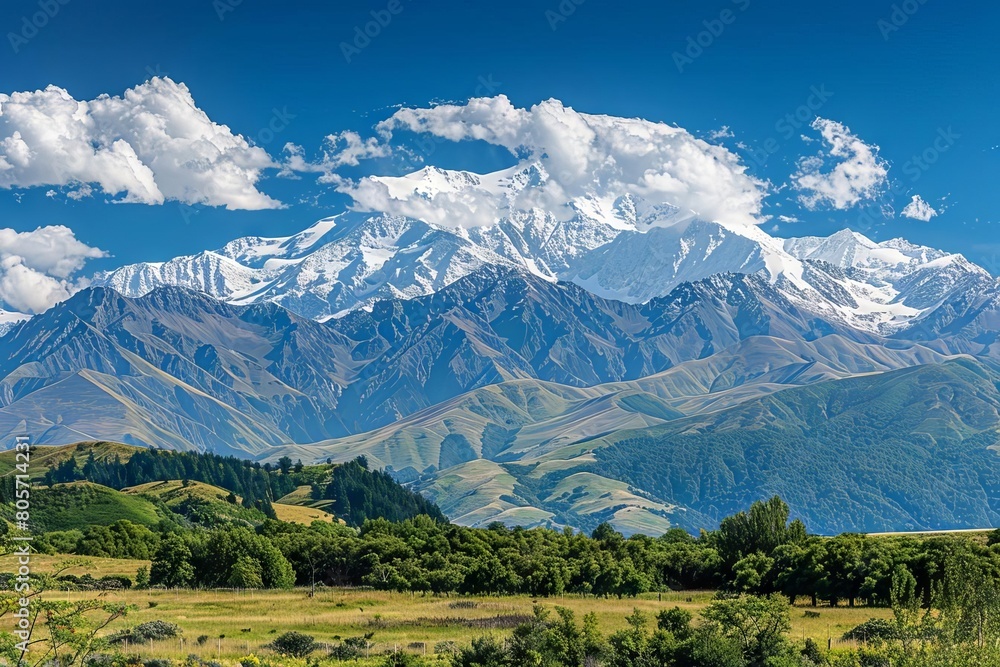 majestic snowcapped mountain range beneath vibrant blue skies panoramic landscape photography