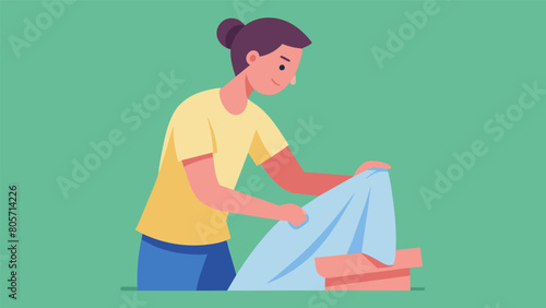 A teenager mindfully folds laundry focusing on the feel of the fabric and the soothing rhythm of the task..