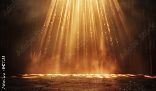 A stage with golden light rays shining down, creating an atmosphere of grandeur and luxury