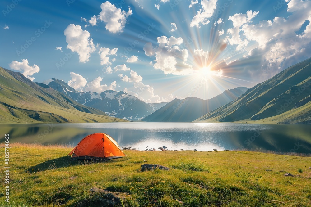 Beautiful summer landscape with orange tent on the grass in mountains against blue sky and sunlight, lake at sunrise
