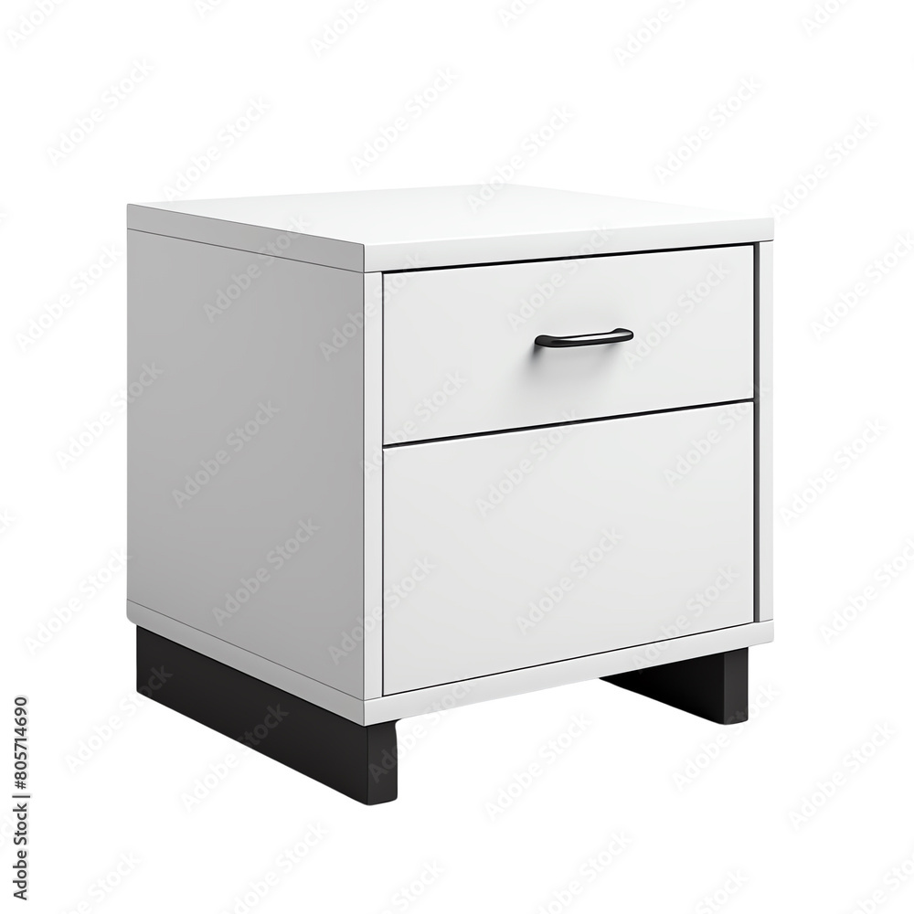 A modern white nightstand with a black handle and black legs. isolated on a transparent background. A modern white nightstand with a black handle and black legs. isolated on a transparent background.