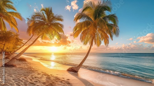 beautiful beach with coconuts trees at sunset