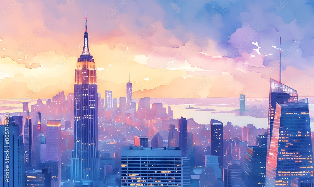 Naklejka premium Watercolor panorama of New York City skyline at dusk,Generative AI