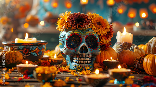 Representation of Mexican offering for the Day of the Dead festival, a cultural tradition to honor and remember ancestors.