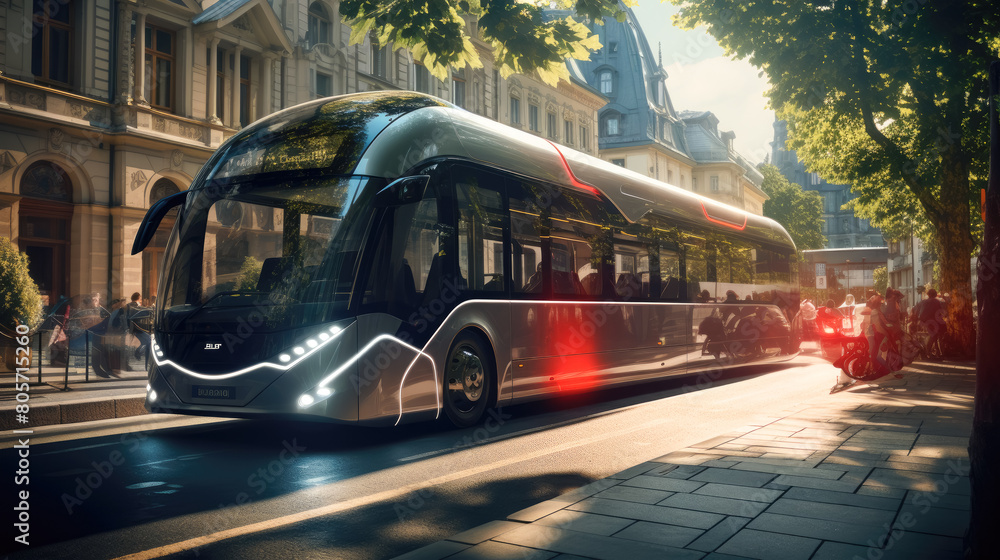 The bus is surrounded by a glowing light, giving it a futuristic