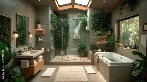 Bright and Elegant attic glass bathroom with bathtub and subway tile and a variety of green plants of deep forest style