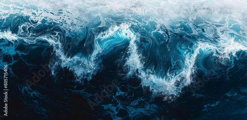 A top-down view of an ocean wave  with the color gradient transitioning from light blue to dark navy  creating depth and perspective in the water