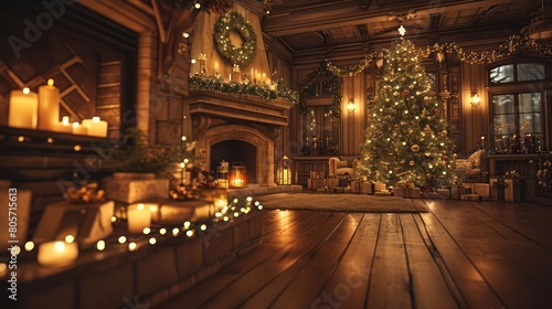 Wallpaper Mural Christmas luxury room interior design. Xmas tree decorated lights. Gifts, candles, lanterns, garland lighting indoors Torontodigital.ca