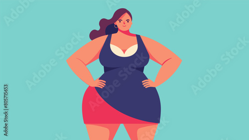 A plussize model rocks a formfitting workout dress proving that fitness fashion is not limited to traditional athletic wear.. Vector illustration
