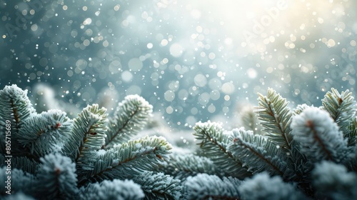 close up snow-covered fir green branches and snowfall flakes  Christmas banner background