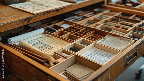 Blueprints and Architectural Models Hidden in an Office Drawer Photograph an open drawer filled with blueprints and architectural models, revealing the planning and unseen groundwork of major projects photo