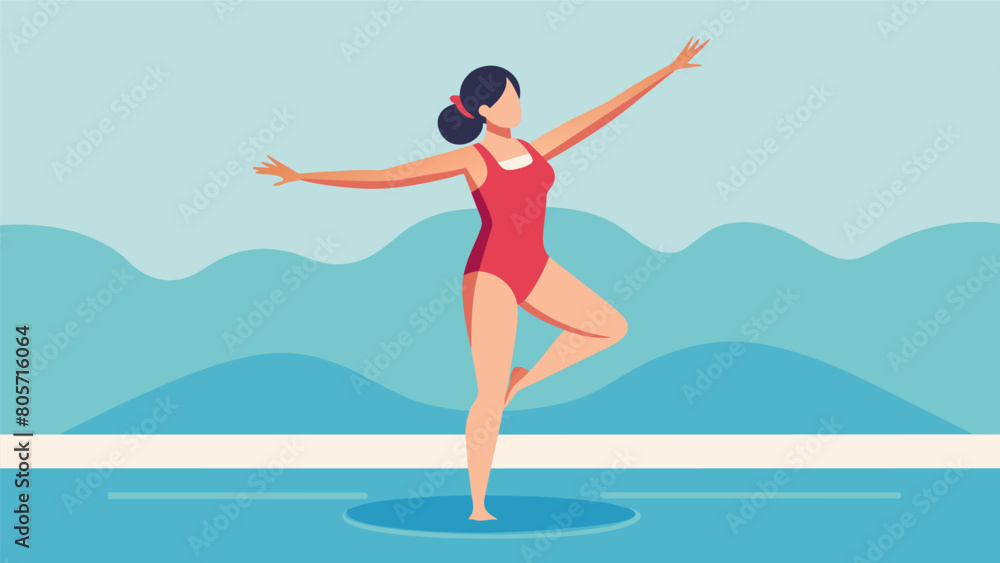 A woman standing in a pool slowly moving her limbs in a water aerobics routine..