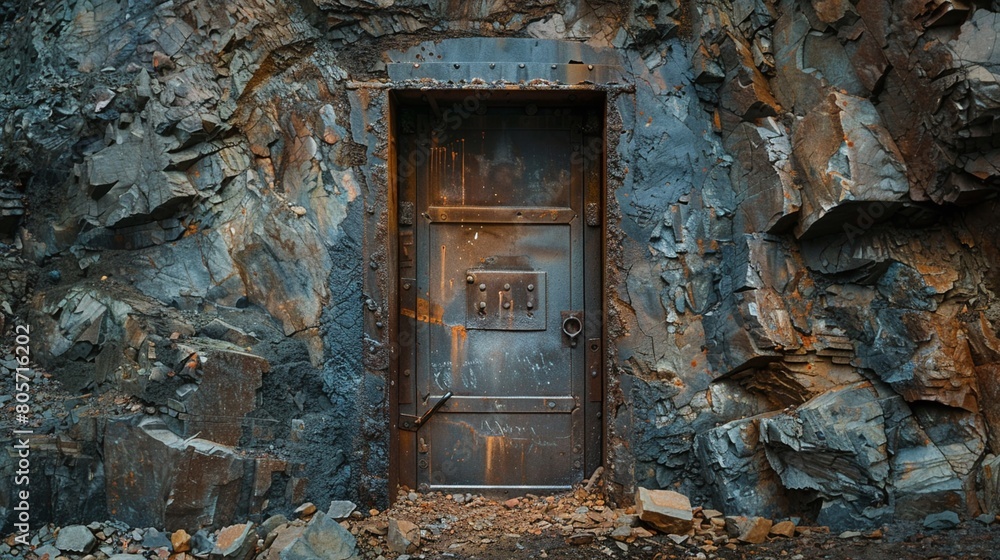 Padlocked Mine Entrance Take a photo of a mine entrance padlocked, with rare earth elements symbolically scattered at the door, depicting issues of access and mining rights Padlocked Mine Entrance Take a photo of a mine entrance padlocked, with rare earth elements symbolically scattered at the door, depicting issues of access and mining rights