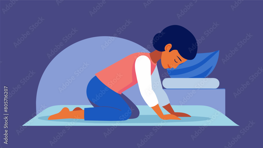 A person kneels on their bed their forehead resting on a pillow as they perform the Childs Pose encouraging relaxation and a sense of surrender.. Vector illustration