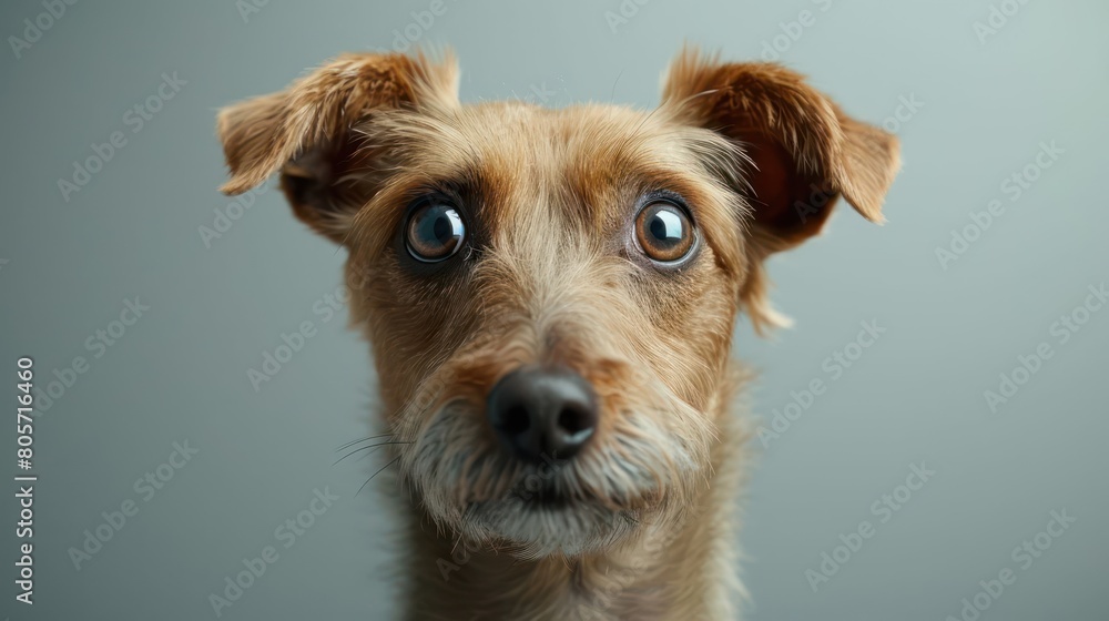 Funny surprised frightened dog on gray background Funny surprised frightened dog on gray background