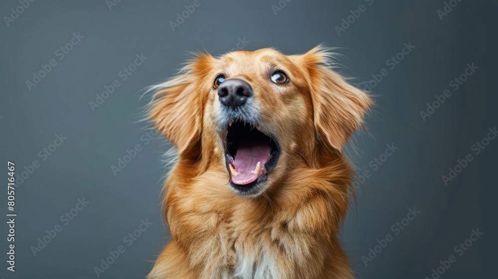 Funny surprised frightened dog on gray background