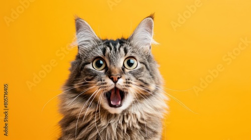Funny surprised frightened cat on yellow background photo