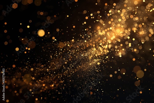 A vertical AI illustration of golden particles falling on a black background, creating an elegant and luxurious atmosphere for special events or award commercials © Chand Abdurrafy
