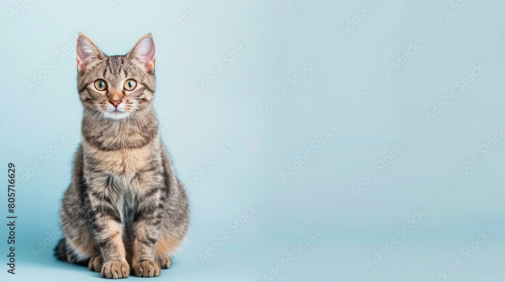 Charming gray tabby cat poses on light blue background with space for text, Ai Generated Charming gray tabby cat poses on light blue background with space for text, Ai Generated