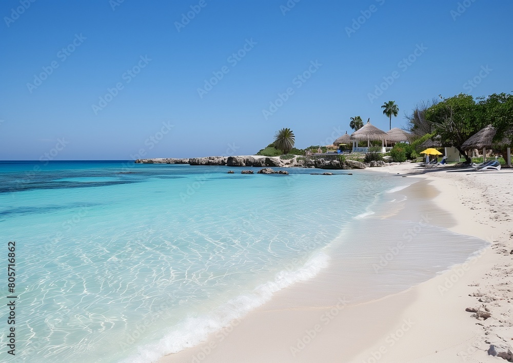 Fototapeta premium Idyllic Tropical Beach Resort with Pristine White Sand and Crystal Clear Blue Waters