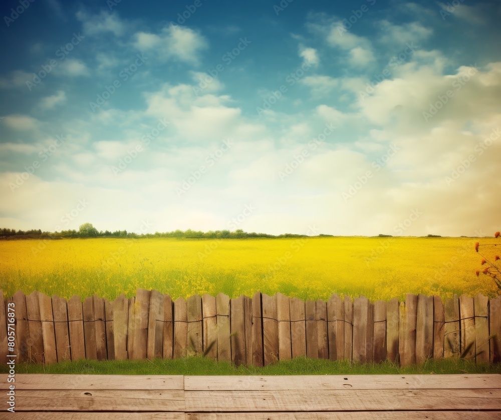 Fototapeta premium Idyllic Rural Landscape with Yellow Flowering Field and Wooden Fence