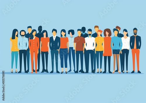 Diverse Group of Cartoon People Standing Together on Blue Background