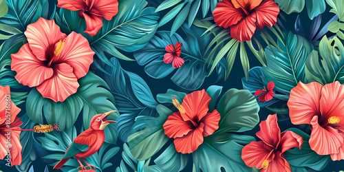 A seamless pattern of tropical flowers and birds