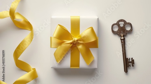 Key and gift box with yellow ribbon on white background © Tina