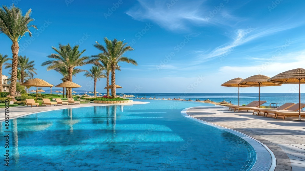 Luxurious swimming pool and loungers umbrellas near beach and sea with palm trees and blue sky Luxurious swimming pool and loungers umbrellas near beach and sea with palm trees and blue sky