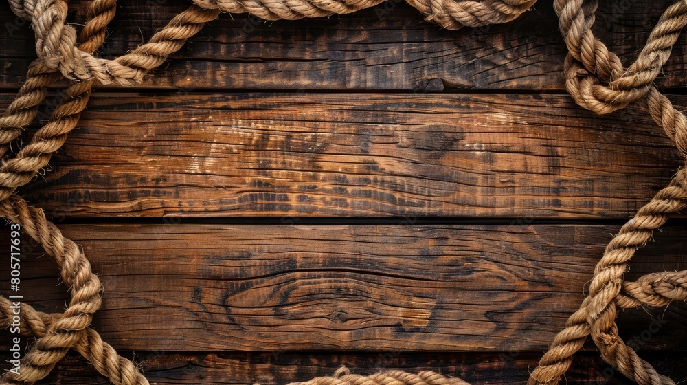 Nautical background featuring a rope shaped as a circle on a wood backdrop. Ai Generated. Nautical background featuring a rope shaped as a circle on a wood backdrop. Ai Generated.