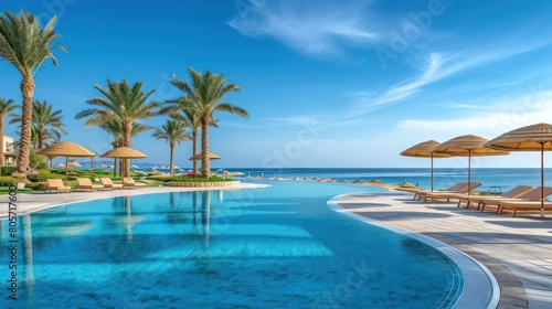 Luxurious swimming pool and loungers umbrellas near beach and sea with palm trees and blue sky © Tina