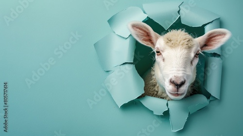 A humorous sheep peers through a ripped hole in a contrast pastel color paper background, Ai Generated photo