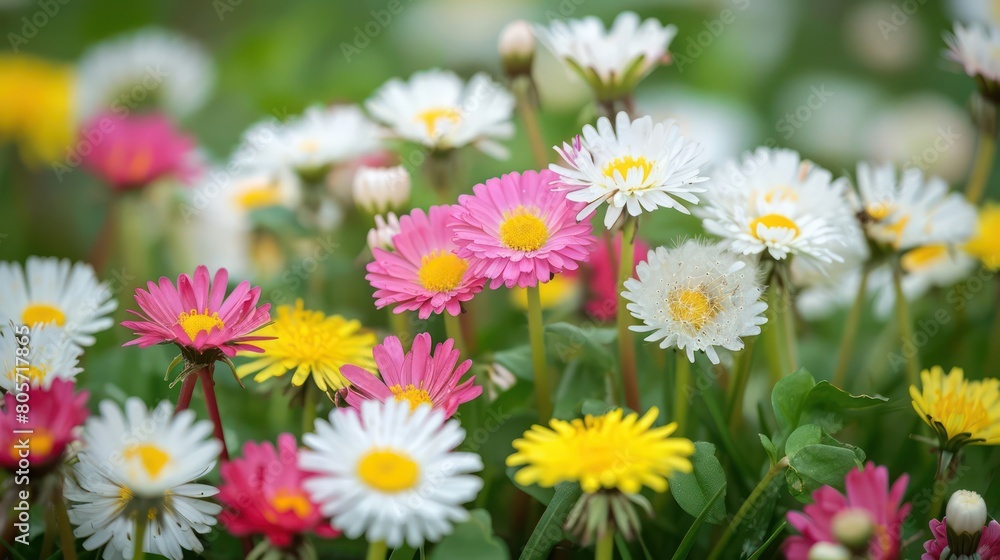 Meadow with lots of white and pink spring daisy flowers and yellow dandelions in sunny day Meadow with lots of white and pink spring daisy flowers and yellow dandelions in sunny day