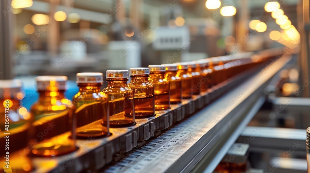 Medical vials on production line at pharmaceutical factory, Pharmaceutical machine working pharmaceutical glass bottles production line Medical vials on production line at pharmaceutical factory, Pharmaceutical machine working pharmaceutical glass bottles production line