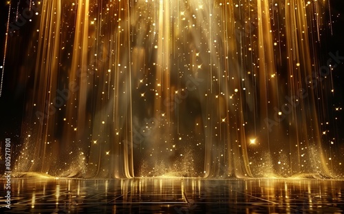 A wide dark background with golden light beams and dots of lights  perfect for creating an elegant atmosphere in the opening scene of your film or TV show ceremony