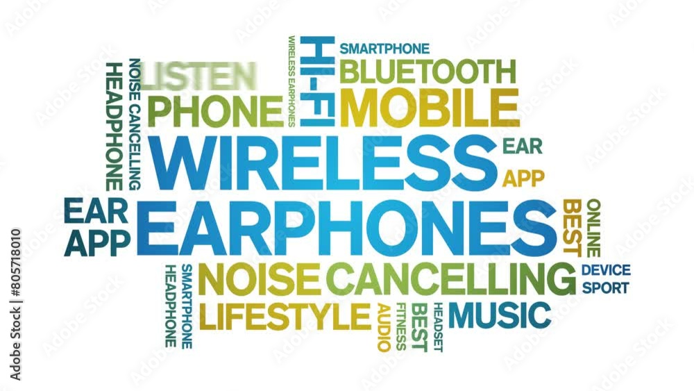 Wireless Earphones animated word cloud;text design animation tag kinetic typography seamless loop. Wireless Earphones animated word cloud;text design animation tag kinetic typography seamless loop.