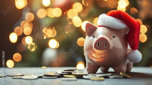 Piggy bank with Santa hat and coins on the table on Christmas lights background photo
