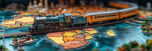 Toy train traversing a colorful map highlighting major cities and landmarks #805718409