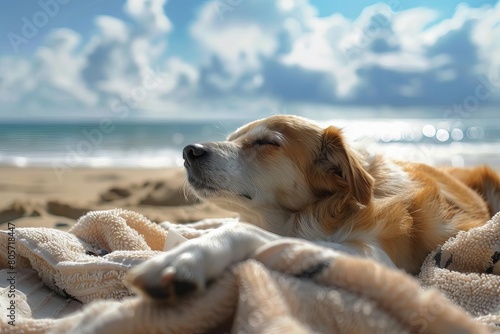 seaside serenity loyal dog enjoys sunny day on sandy beach towel pet photography
